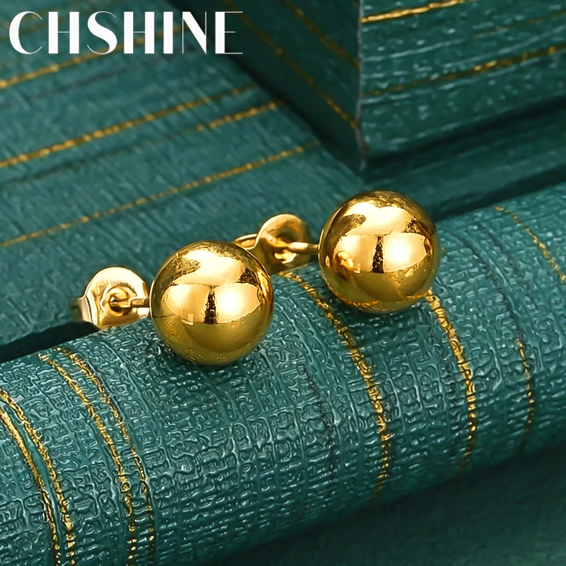 925 Sterling Silver 18K Gold 8MM Solid Round Ball Stud Earrings for Women Fashion Wedding Party Jewelry