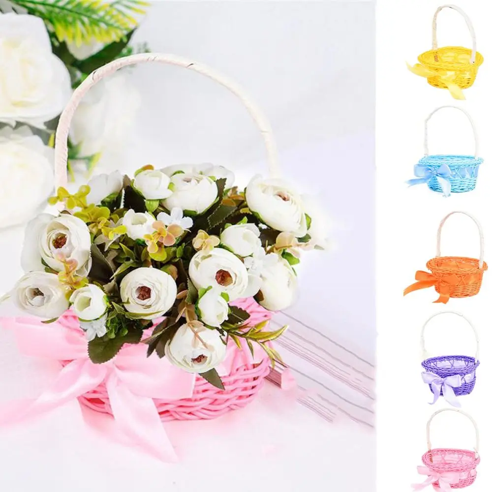 Imitation Rattan Round Small Flower Basket Pink/Purple/Orange/Blue/Yellow with handle Woven Hand-held Flower Basket Decorative