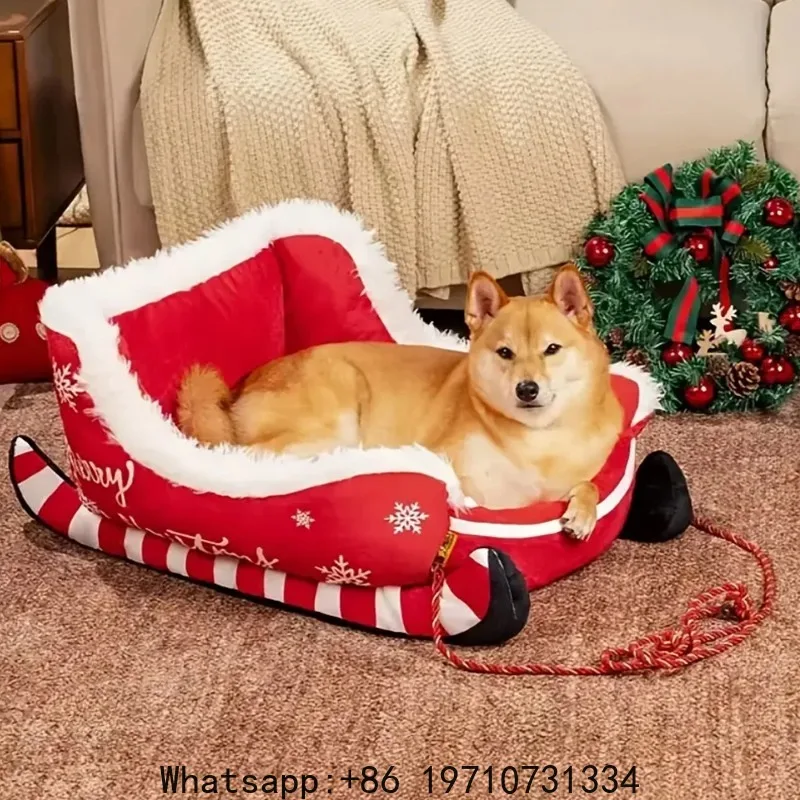 

Christmas Sleigh Bed Removable Washable Plush Pet Warm Sofa with Non-Slip Base Christmas Cat Dog Nest for Winter Indoor Outdoor