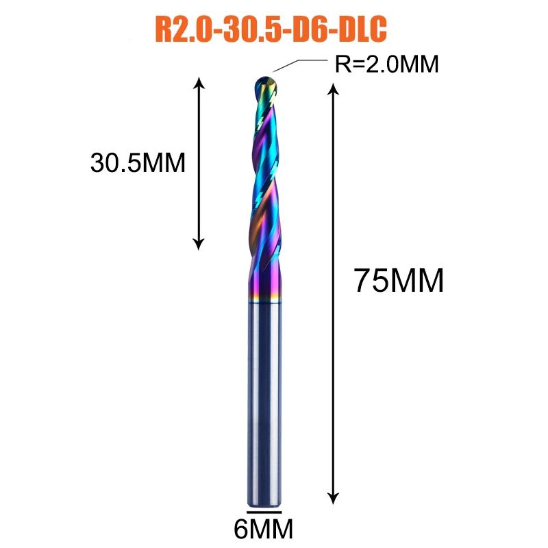 Dreanique 1 Stück DLC-beschichteter Schaftfräser, Spiral-Konus-Kugelkopf-Gravurfräser, 2-schneidiger Vollhartmetall-Fräser für Holz und Aluminium