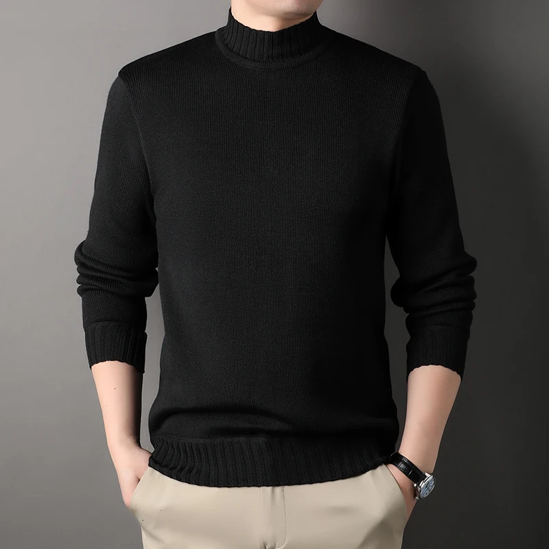 2024 Autumn/Winter New Men's Half High Collar Plush Thickened Sweater Integrated Plush Fashion Versatile Bottom Warm Sweater