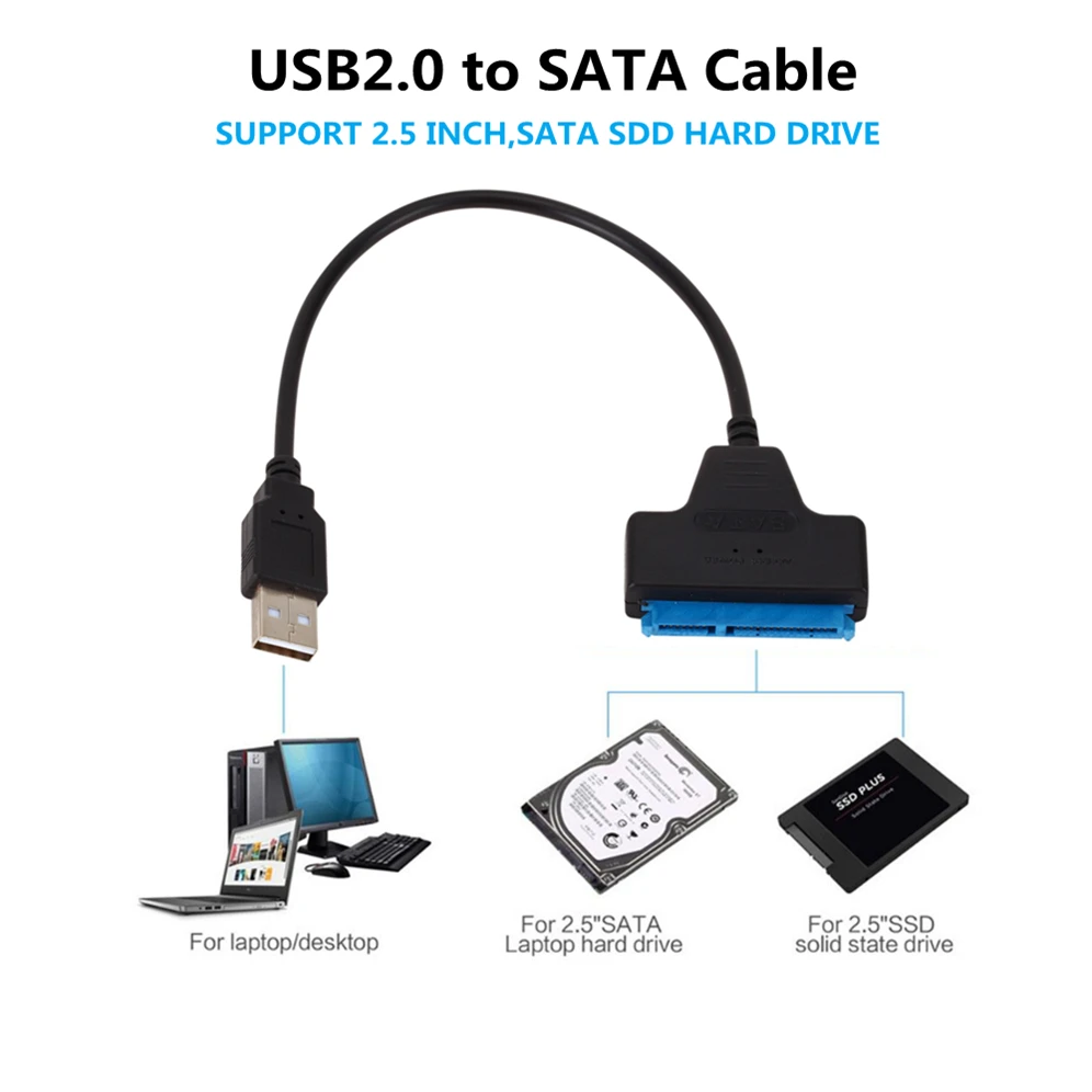 Grwibeou USB 2.0 إلى SATA كابل 22pin محول محول كابل ل 2.5in HDD SSD محركات الأقراص الصلبة قرص صلب لمحرك الأقراص الصلبة