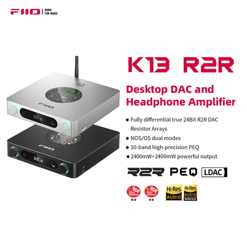 FiiO K13 R2R DAC de escritorio y amplificador de auriculares, DAC R2R de 24 bits de alta fidelidad, potente salida de 2400 mW, transmisión Bluetooth LDAC,