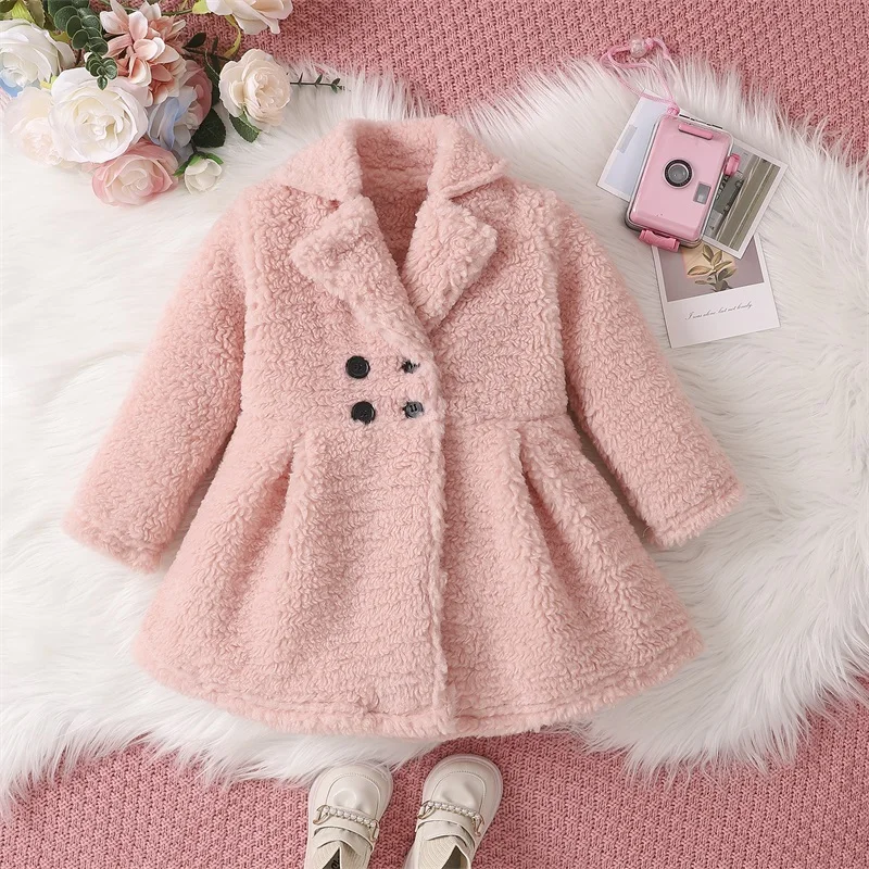 Kids Girls Winter Coat Solid Color Long Sleeve Lapel Plush Jacket Double Breasted A-Line Outwear