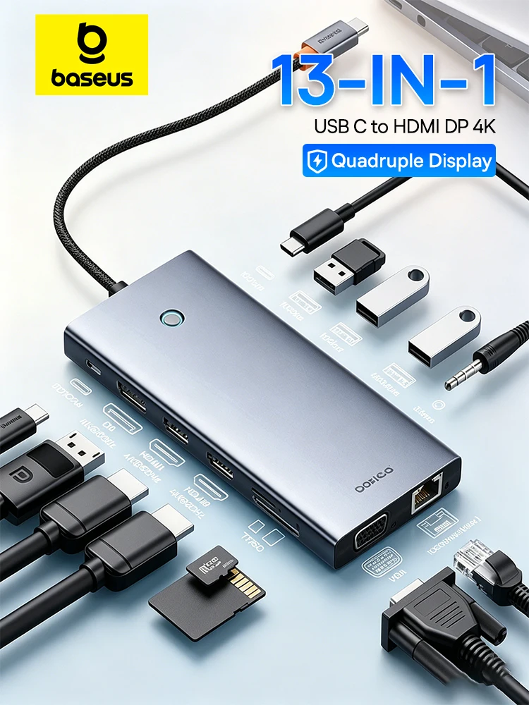 Baseus 13-w-1 USB C HUB z 2*HDMI, 1*DP 4K@60Hz, 1*VGA, adapter USB 3.2 z czterema wyjściami ekranowymi, RJ45, SD, TF, 3.5mm, PD 100W, hub Type C — zdjęcie produktu 7