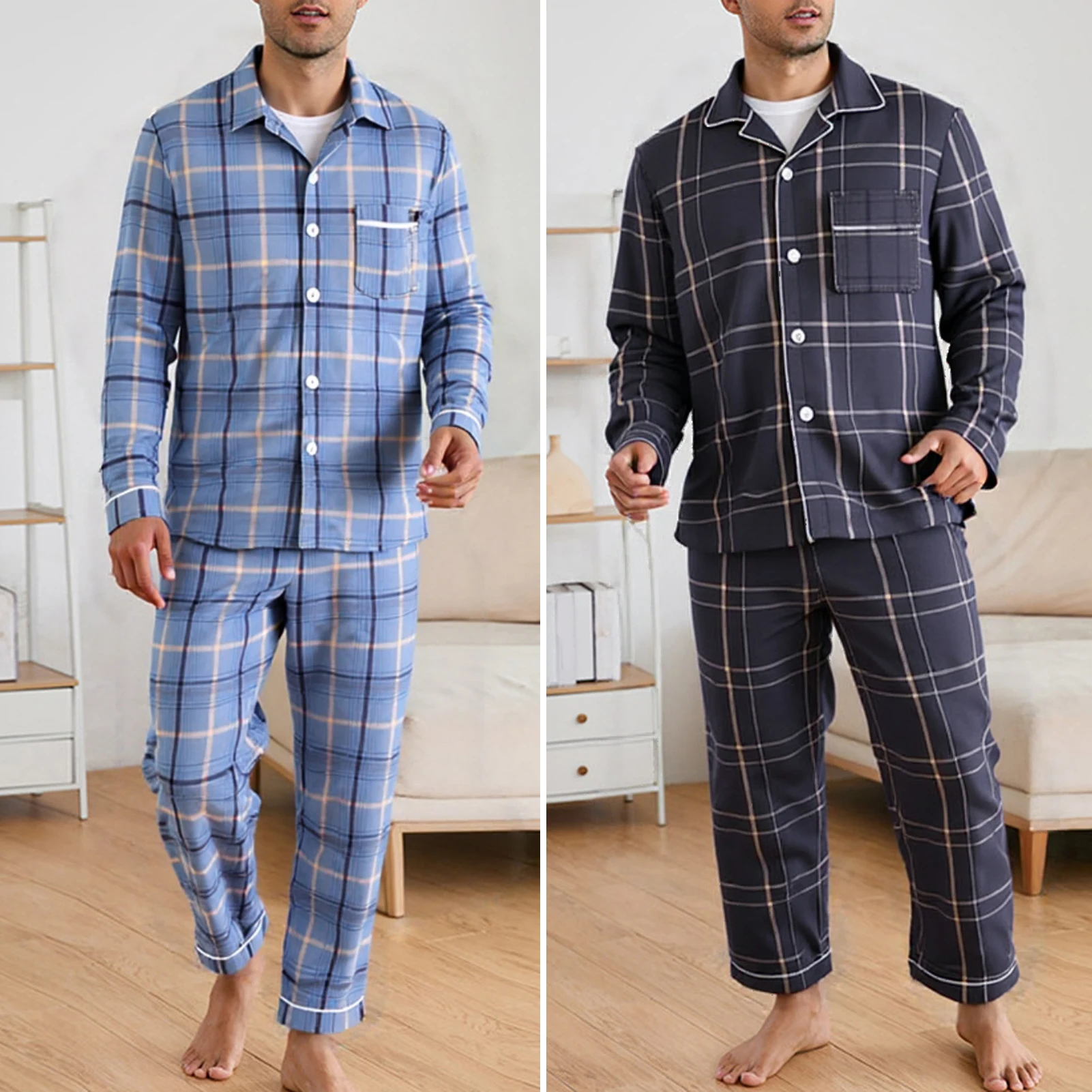 New Man Pajama Cotton Lapel Long Sleeved Pants Plus Size Pijamas Sleepwear Leisure Homewear Nightwear For Male