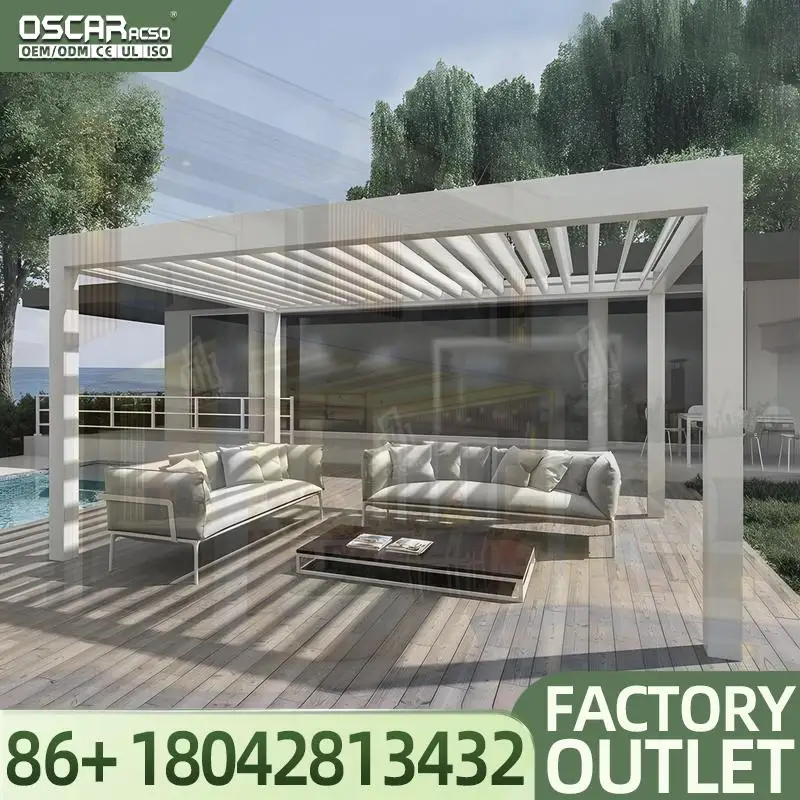 2024 Automatic Bioclimatic Gazebo Remote Control Outdoor Rainproof Pressure Treated Wood Structure for Garden Patio Backyard Per