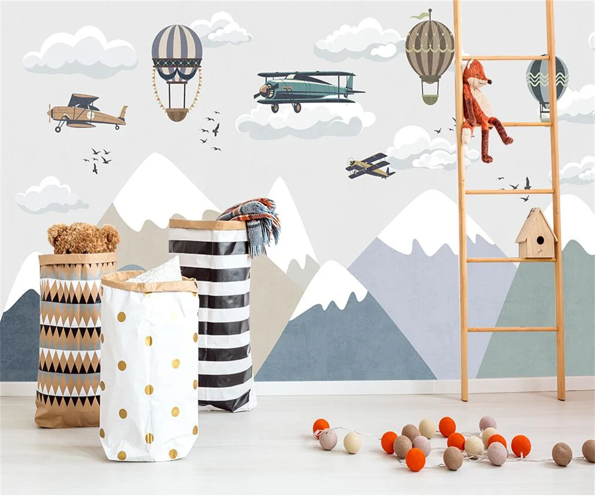 Custom size mural cartoon children's room Airplane Balloon Mountain wallpaper Home decoration kindergarten decorative painting