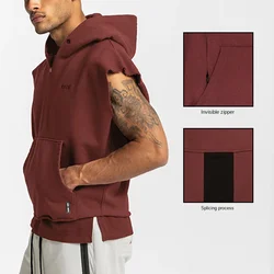 Gyms Mens Multi-pocket Bodybuilding Cotton Sleeveless Hooded Casual Biker Vest Sweatshirt Fitness Workout Sportswear Tops Male