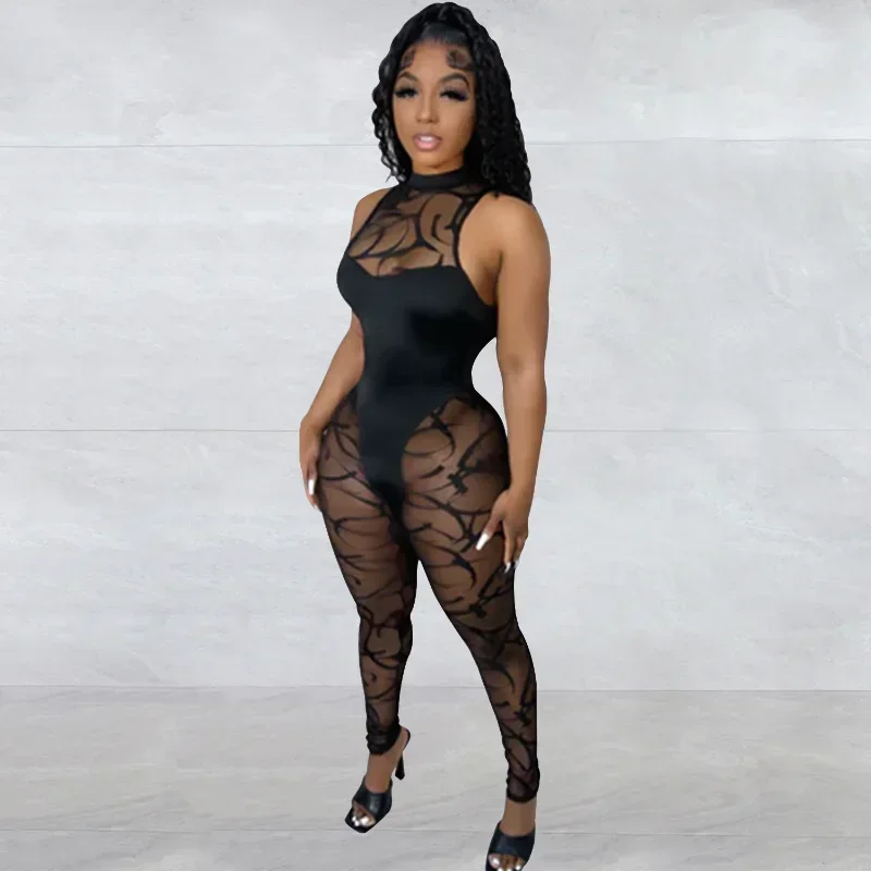 

GUWU Mesh See Though Patchwork Sleeveless O-neck Sexy Party Jumpsuit Black Sheer Night Club Women Romper One Piece Suit
