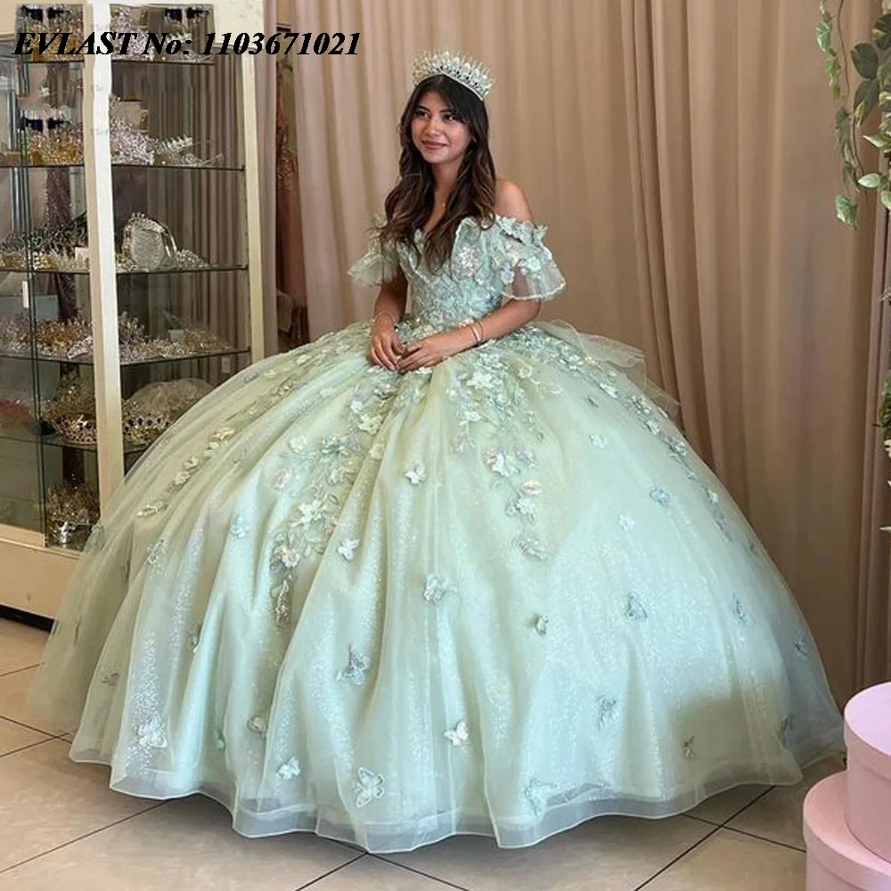 EVLAST Glitter verde menta Quinnceanera abito da ballo 3D Applique floreale perline arco corsetto dolce 16 Vestidos De 15 Anos SQ559