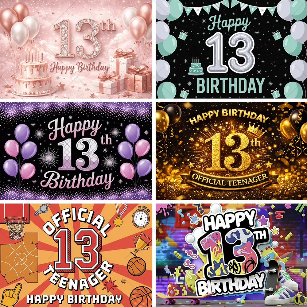 

13th Birthday Party Decoration Backdrop Official Teenager Black Purple Balloon Background 13 Years Old Kid Photography Banner