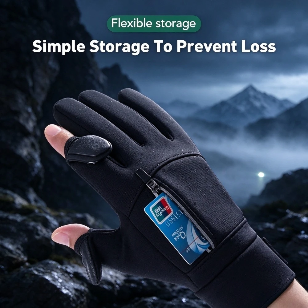 Flip Top Gloves Convertible Mittens Winter Warm Touchscreen Fingerless Fleece Gloves with Card Zipper Pocket for Men Women