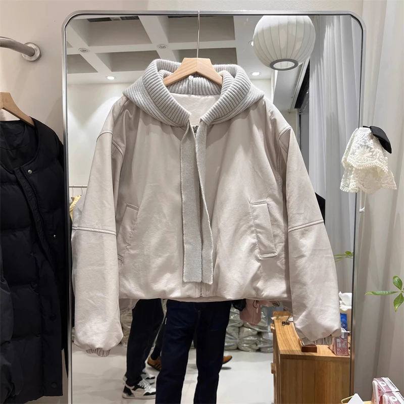 شتاء 2025 المرأة الصوف محبوك المرقعة وشاح بولي Leather الجلود أسفل سترة Y2K جودة عالية موضة عادية سترة قصيرة معطف #5