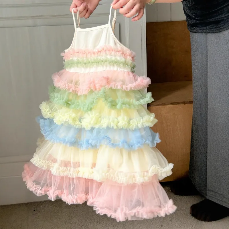 

Модное марлевое платье с радужным тортом для маленьких девочек, милое универсальное платье принцессы для дня рождения, бутик на подтяжках, новинка лета 2023 г.