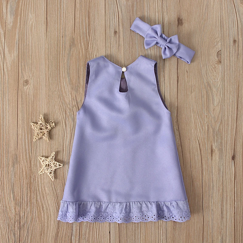 Newborn Baby Girls Dresses Summer Cute Bow Sleeveless Princess Party Birthday Lace Dress+Headband 2Pcs Kids Toddler Clothes