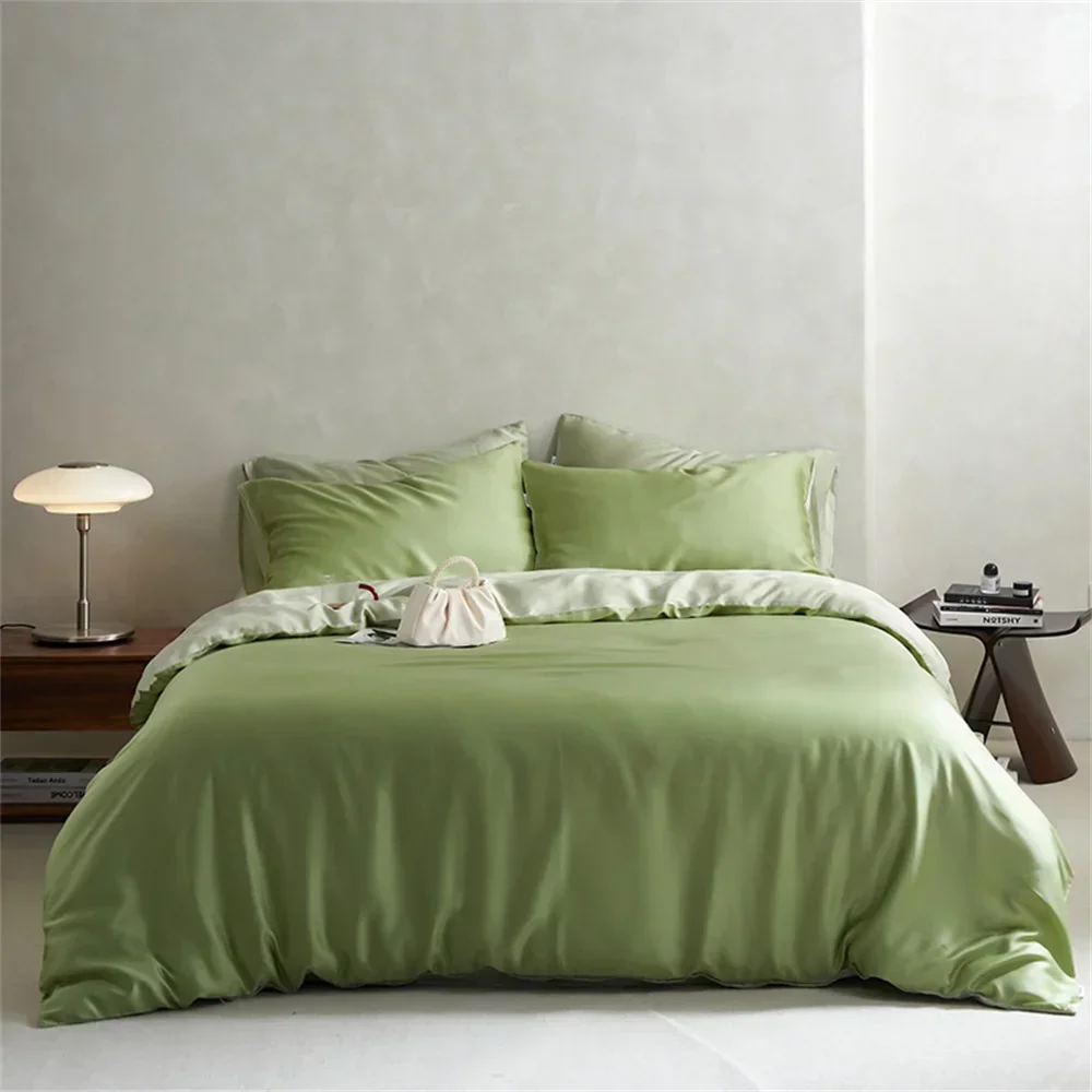 Liv-Esthete Summer Nature 100% Silk Green Bedding Set Double Color Queen Kinig  Duvet Cover Pillowcase Flat Sheet Bed Cover Set