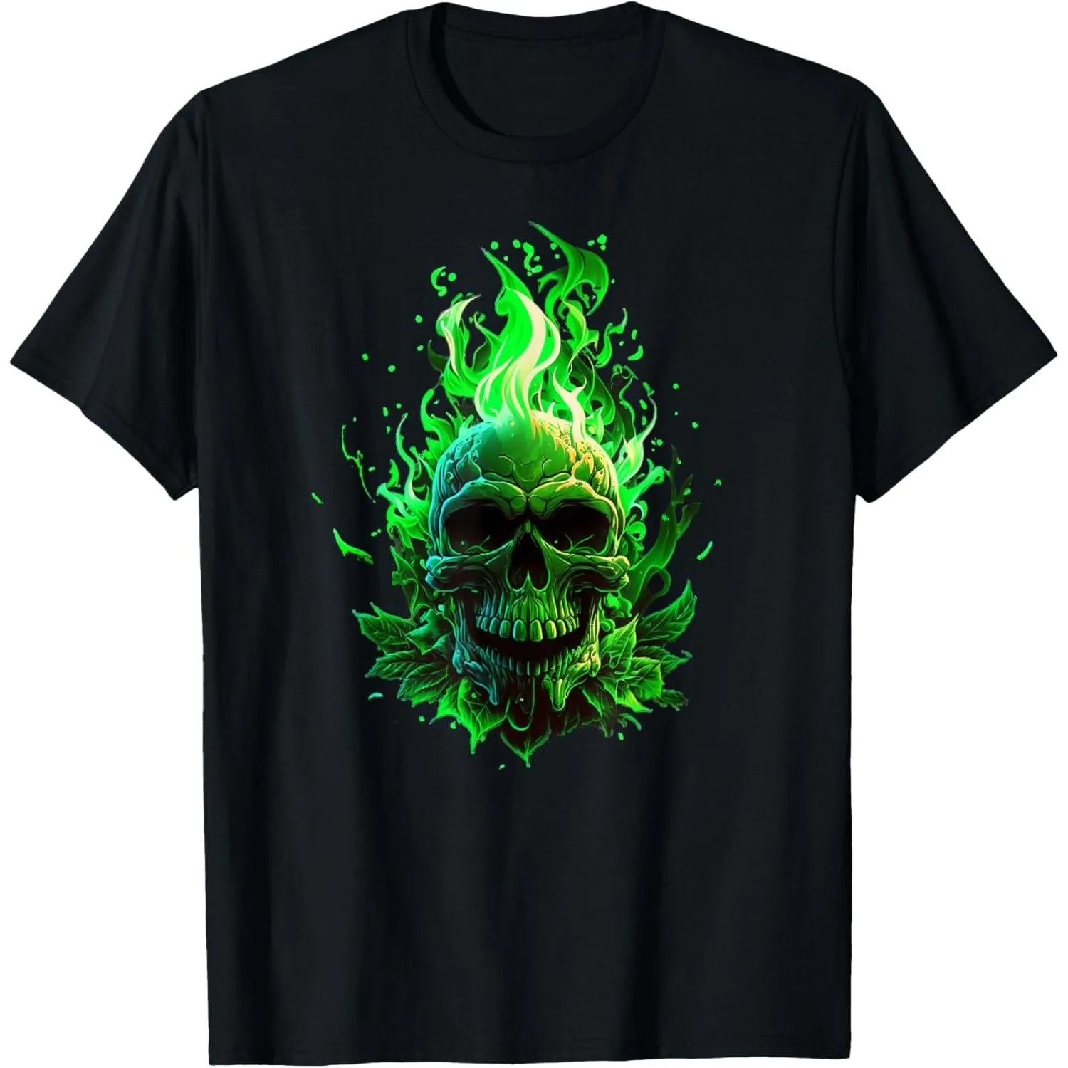 Green Flaming Skull Graphic Print Men's Cotton Crewneck T-Shirt Casual Streetwear