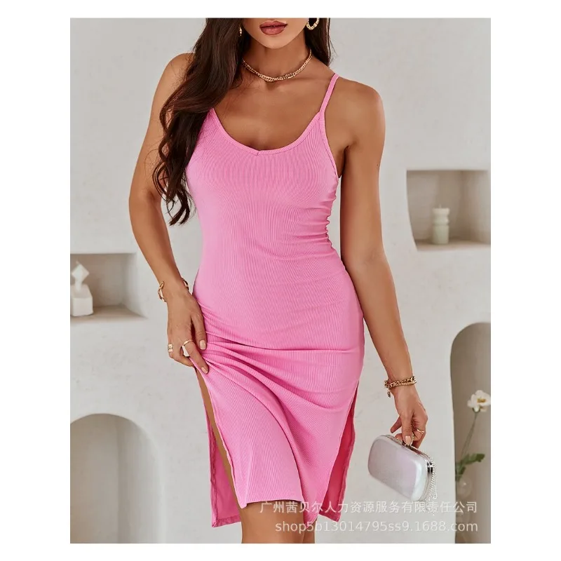 Bodycon Dress High Waist Solid Color Split Y2K Sling Sunken Stripe Tight Dress Women Summer Sexy Camis Sheath Strap Dress