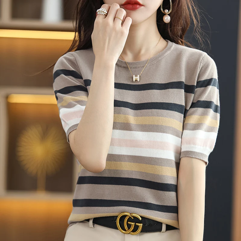 Summer New Short-sleeved Women O-Neck Slim 100% Cotton Striped Pullover Vest T-shirt Knitted Base Casual Comfortable Sweater