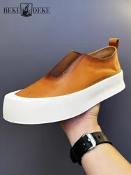Vintage Men Casual Slip On Loafers Cowhide Genuine Leather Shoes Male Low Cut Round Toe Thick Platform Skateboard Shoes Sneakers