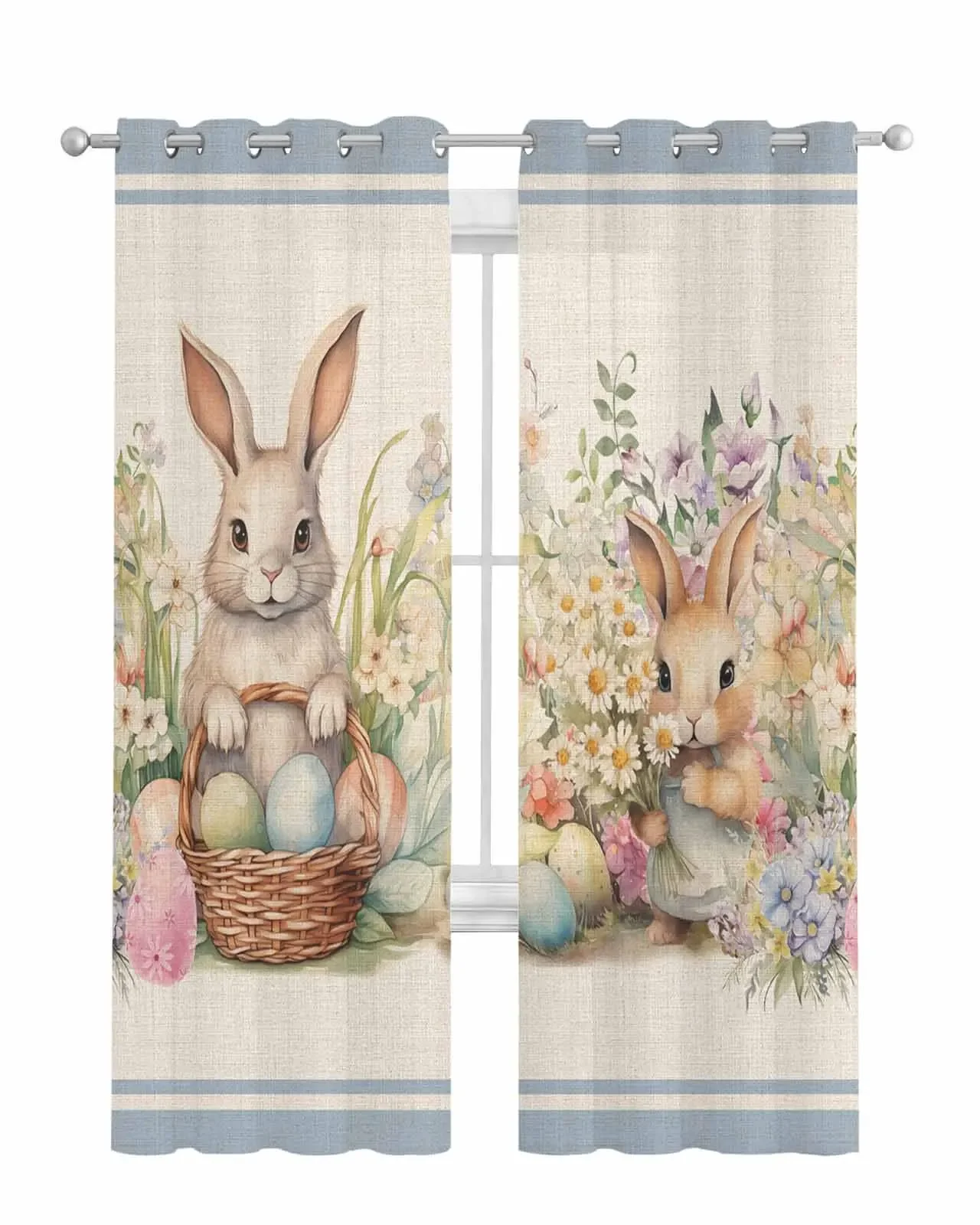 Easter Eggs Bunny Flowers Sheer Tulle Curtain Children Bedroom Curtains Living Room Window Treatment Voile Drape