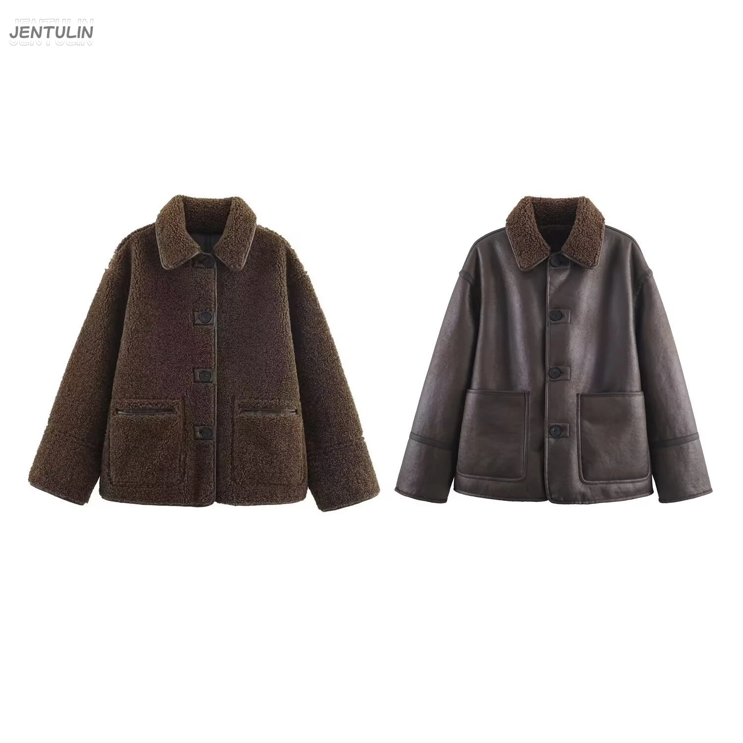Oversized Faux Shearling Aviator Jacket Vintage Lapel Collar Leather Winter Warm Loose Biker Coat Casual Streetwear Outerwear