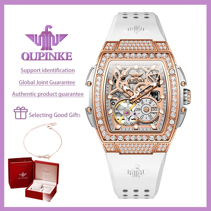 OUPINKE Women's Watches Luxury Fashion Tonneau Dial Wristwatch Original Skeleton Automatic Mechanical  Movement Sapphire Mirror