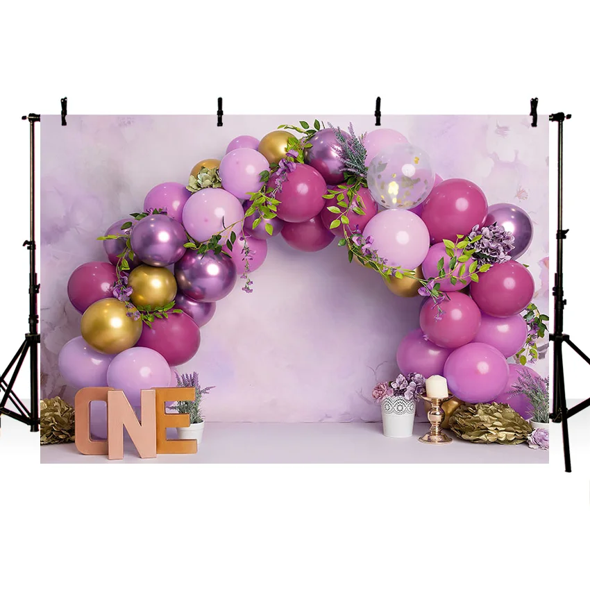 Mehofond-Fondo de fotografía con globos de flores rosas para niña, primer cumpleaños de granja, juguete de Haystack, vaca, cerdo, telón de fondo para estudio fotográfico