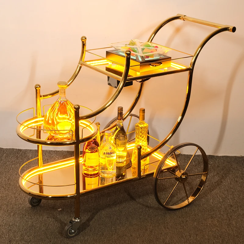 Fashion Royal Style Cart Trolley Hotel KTV Customized Commercial Stainless Steel 3 Layer Mobile Drinks Service Trolley