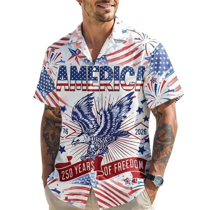 USA 250th Anniversary Floral Hawaiian Shirt For Men 3D Printed Eagle Flag Short Sleeves Summer Button Blouses Lapel Aloha Shirts