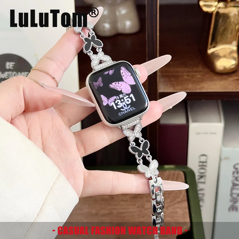 

Luxury Diamond Butterfly Bracelet Metal Band for Apple Watch 11 10 9 8 7 6 5 4 SE Ultra 2 Strap Iwatch 38 40 41 42 44 45 46 49mm
