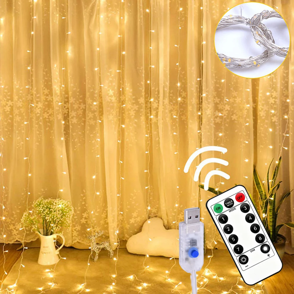 300LEDs/M 5V LED Curtain String Lights USB Powered 13Key Remote Control 8 Lighting Modes Waterproof Christmas Room Wedding Decor