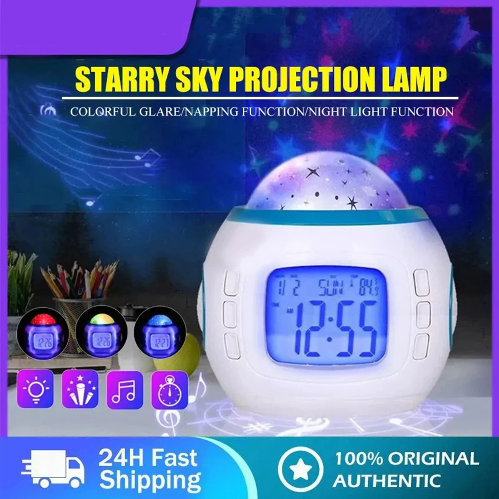 LED Music Alarm Clock Fantasy Music Full Of Stars Projection Digital Alarm Clock Bedside Night Light Snooze Function Room Decor