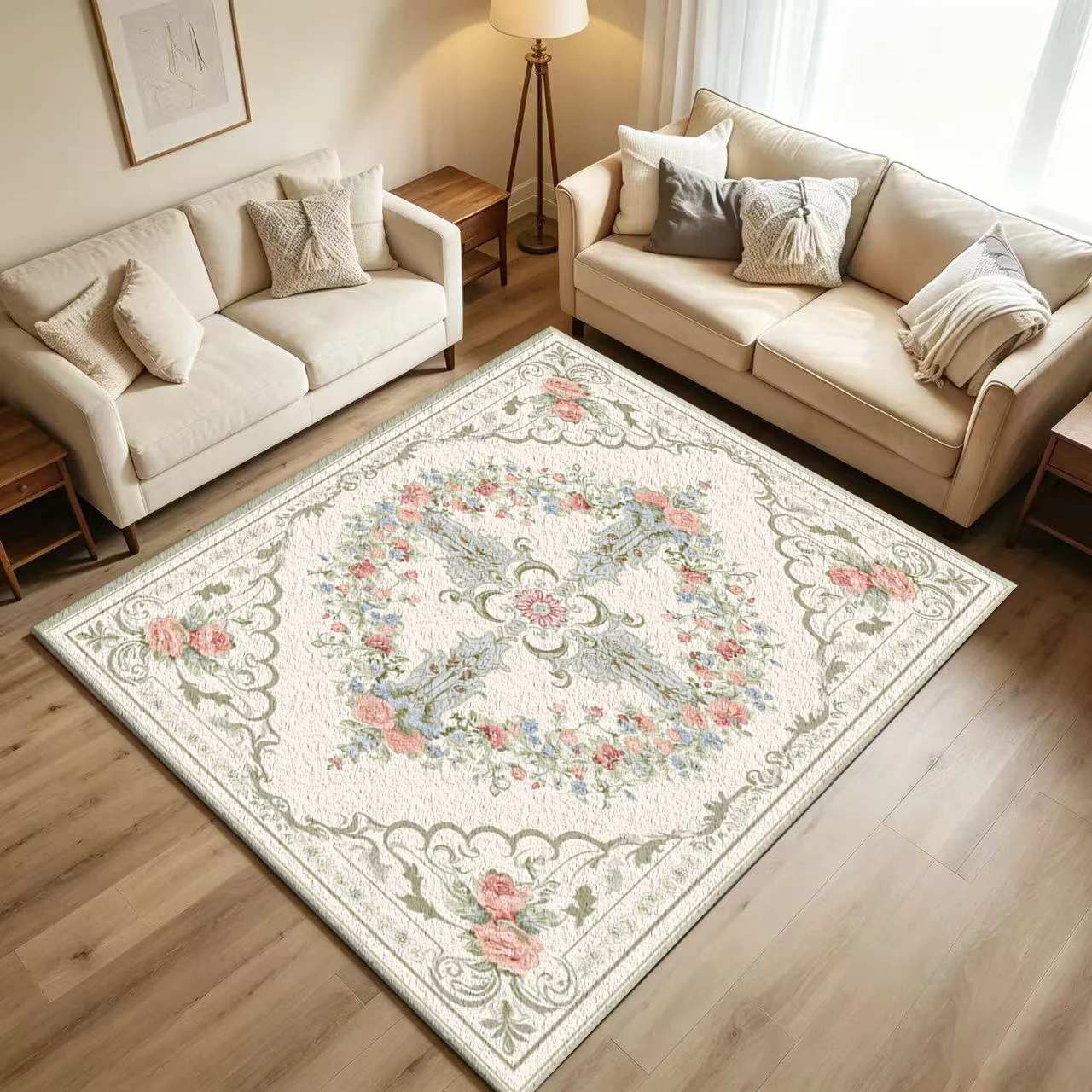 Vintage Pastel Floral Cross Pattern Carpet Flooring Romantic Baroque Rose Wreath Ornate Border Printed Floor Rug for Household Room Home Ornament