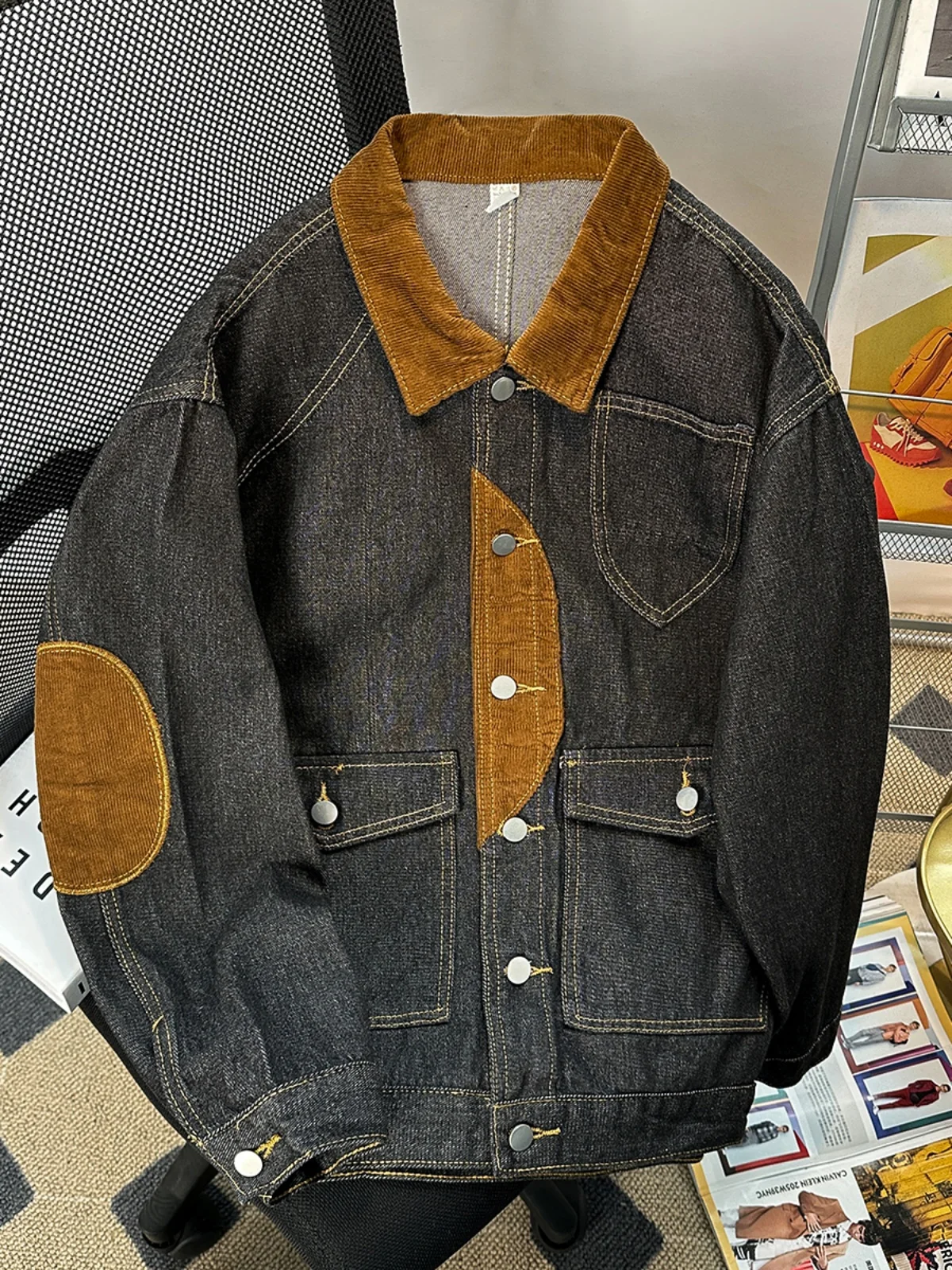 

Corduroy Patchwork Jaet Men's Spring Autumn Loose Workwear Top American Retro Vibe Denim Coat Youth Faion Casual Outerwear