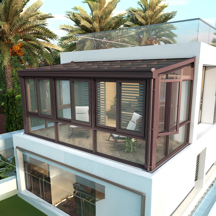 

Открытый солнечный зал с алюминиевой рамой и плоской крышей для патио, сада, солнечной комнаты на заднем дворе