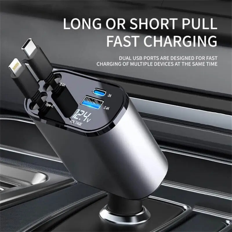 4 IN 1 120W Retractable Car Charger USB Type C Cable For IPhone Huawei Samsung Fast Charge Cord Cigarette Lighter Adapter