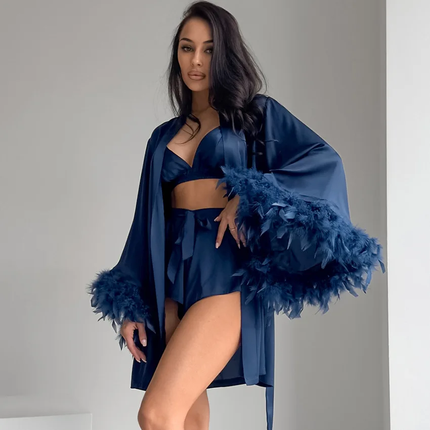 Fashion Solid Color Pajamas Three Piece Set Women Vest High Waist Leace-up Shorts Feather Patchwork Robe Pajama 3 Piece Sets