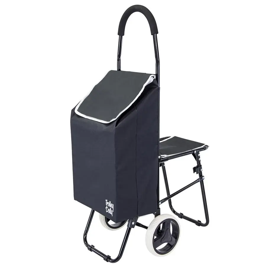 

Products Trolley Dolly Sport with Chair Foldable Grocery Cart on Wheels Multi Use Rolling Cart with Builtin Seat, Removable Bag,