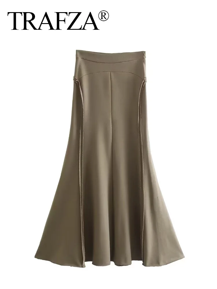 

TRAFZA 2024 Women Summer Fashion Solid Silk Texture Satin Sheath Brown Skirt Female Chic Curve Beach Outfits Mermaid Skirts TRAF