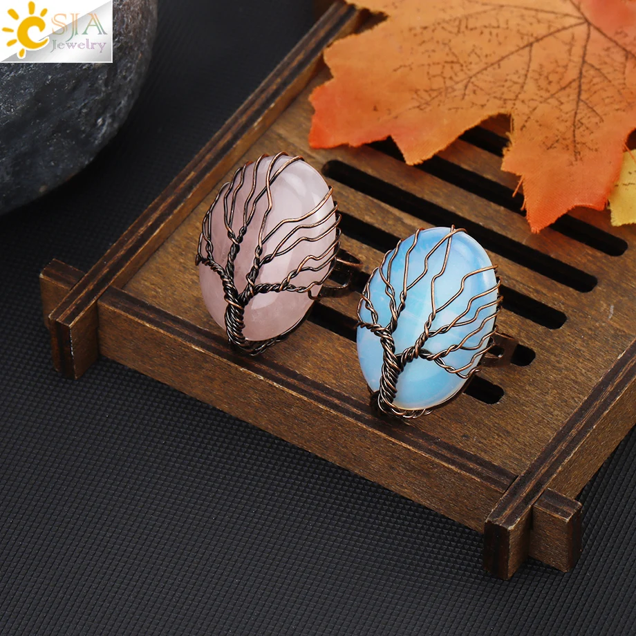 CSJA Antique Rings for Women Vintage Finger Jewelry Egg Shape Natural Stone Bead Wire Wrapped Tree of Life Adjustable Ring F391