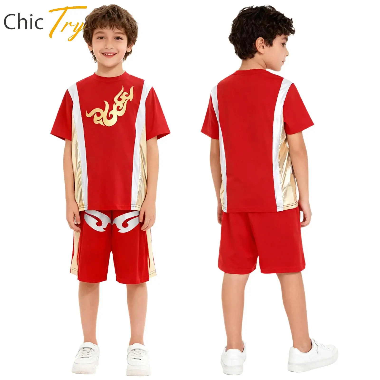 

Boys Girls 2Pcs Boxing Training Outfit Kickboxing Clothes Metallic Short Sleeve T-shirt+Shorts for Halloween Boxer Cosplay Party