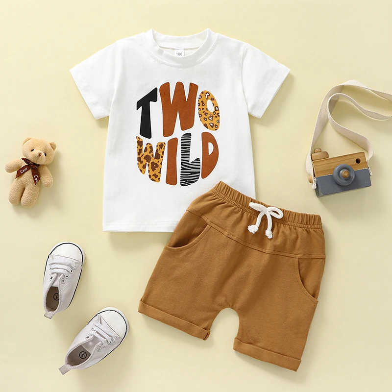 

Baby Boy Birthday Outfit Two Wild Animal Print Short Sleeve T Shirt Elastic Waist Shorts Set Cake Smash Clothes 2-4T