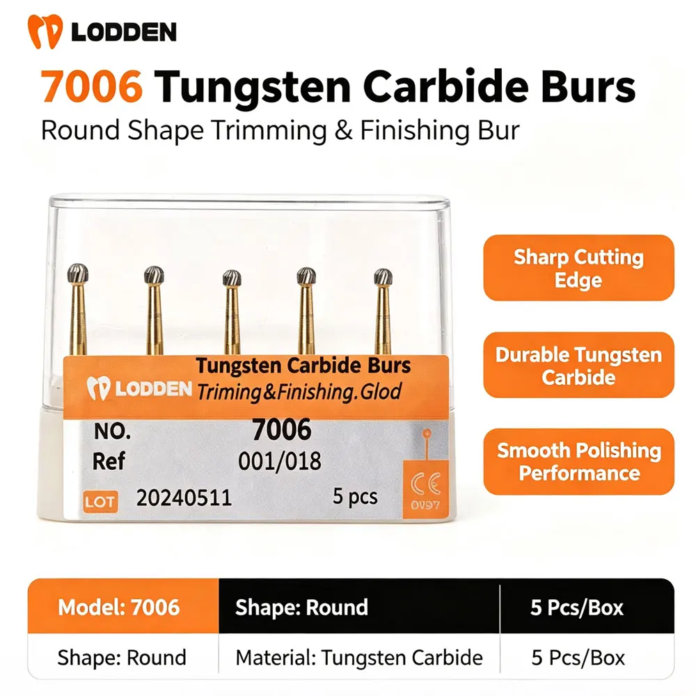 LODDEN 5pcs Dental 7406 Round Shape Tungsten Carbide Burs Finishing Bur Sharp Edge Hardened Stainless 1.6mm Shank Polishing Tool