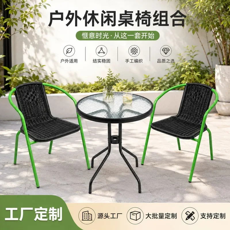 Tempered Glass Top Rattan Patio Furniture Set Outdoor Balcony Leisure Tea Table and Chairs for Courtyard Garden