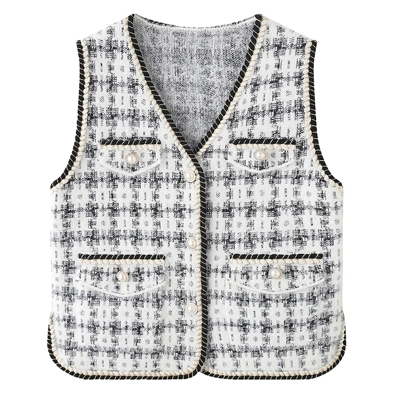 Houndstooth Knit Vest with Contrast Trim Flap Pocket Pearl Button Brush Sleeveless Cardigan Sweater Women Fall Winter Outfit