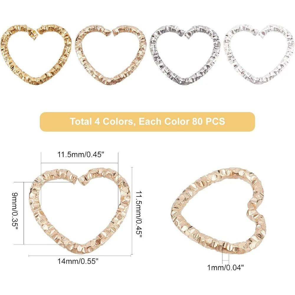 320Pcs Twist Open Jump Rings, 4 Colors Heart Shape Jump Ring Gold Platinum Rings Connectors Jewelry Findings for Valentine