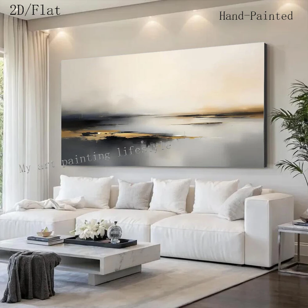 Large Abstract Oil Painting Hand Drawn Gold Sea View Wall Art Picture Original Thick laye Mural for Home Living Room Decor Image