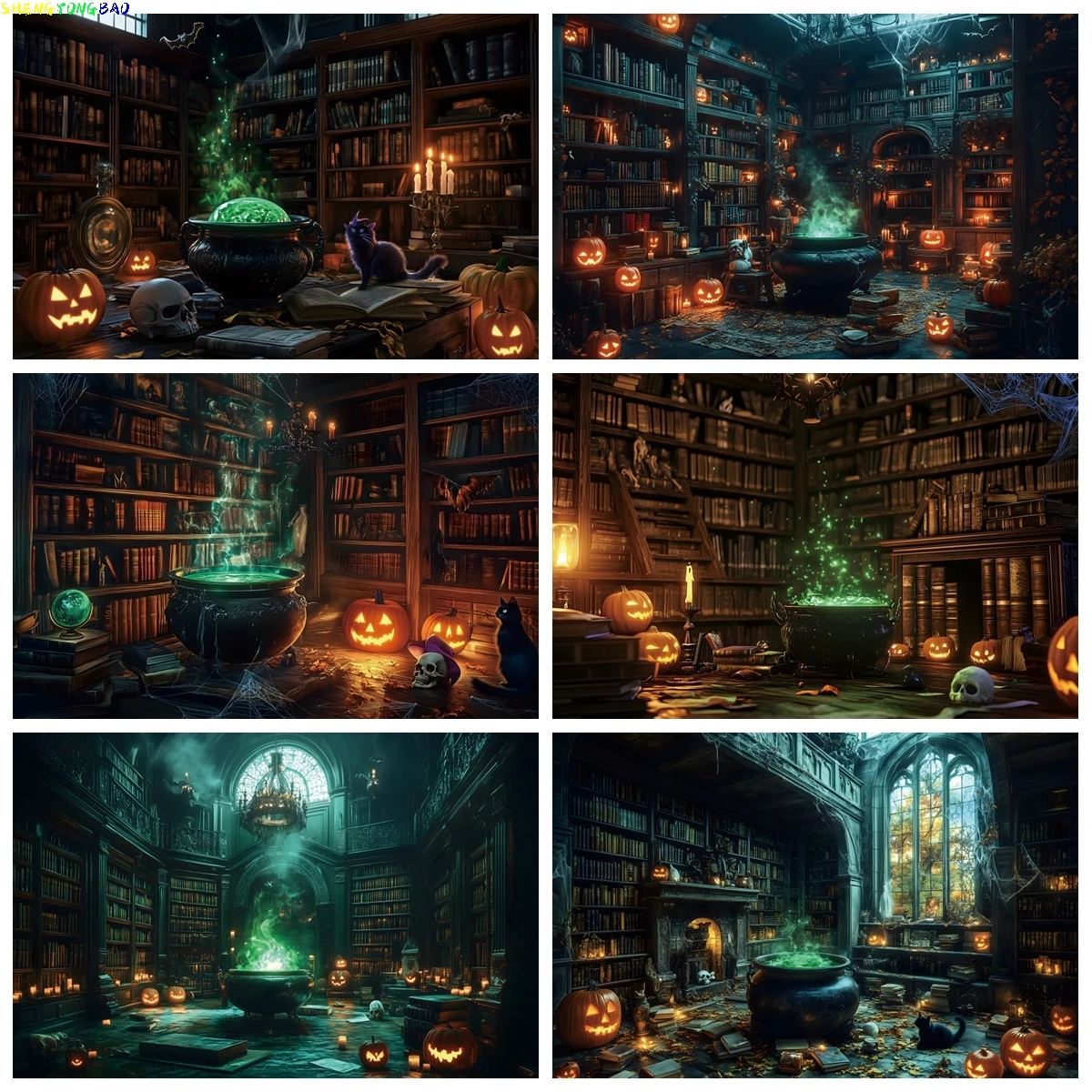 

Halloween Scary Castle Pumpkin Lights Background Dilapidated Wooden House Vintage Bookshelf Black Cat Magic Potion Backdrop Prop